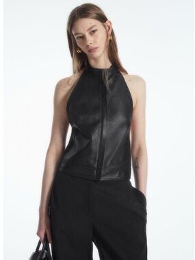 COS Genuine Leather Moto Minimalist Halter Neck Racer Back Top Black Size Small